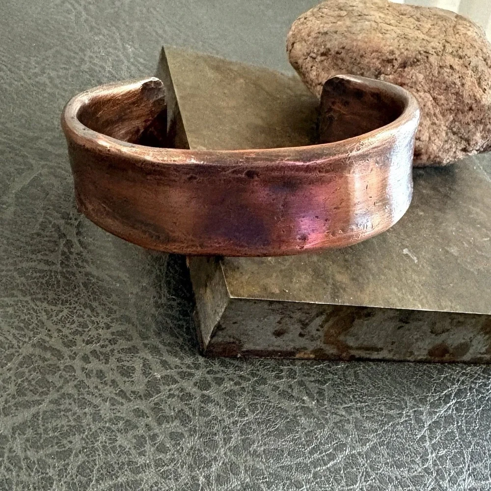 Pure Copper Men's Handmade Wide‎ Thick Cuff, Hammered Concrete Finish Bracelet